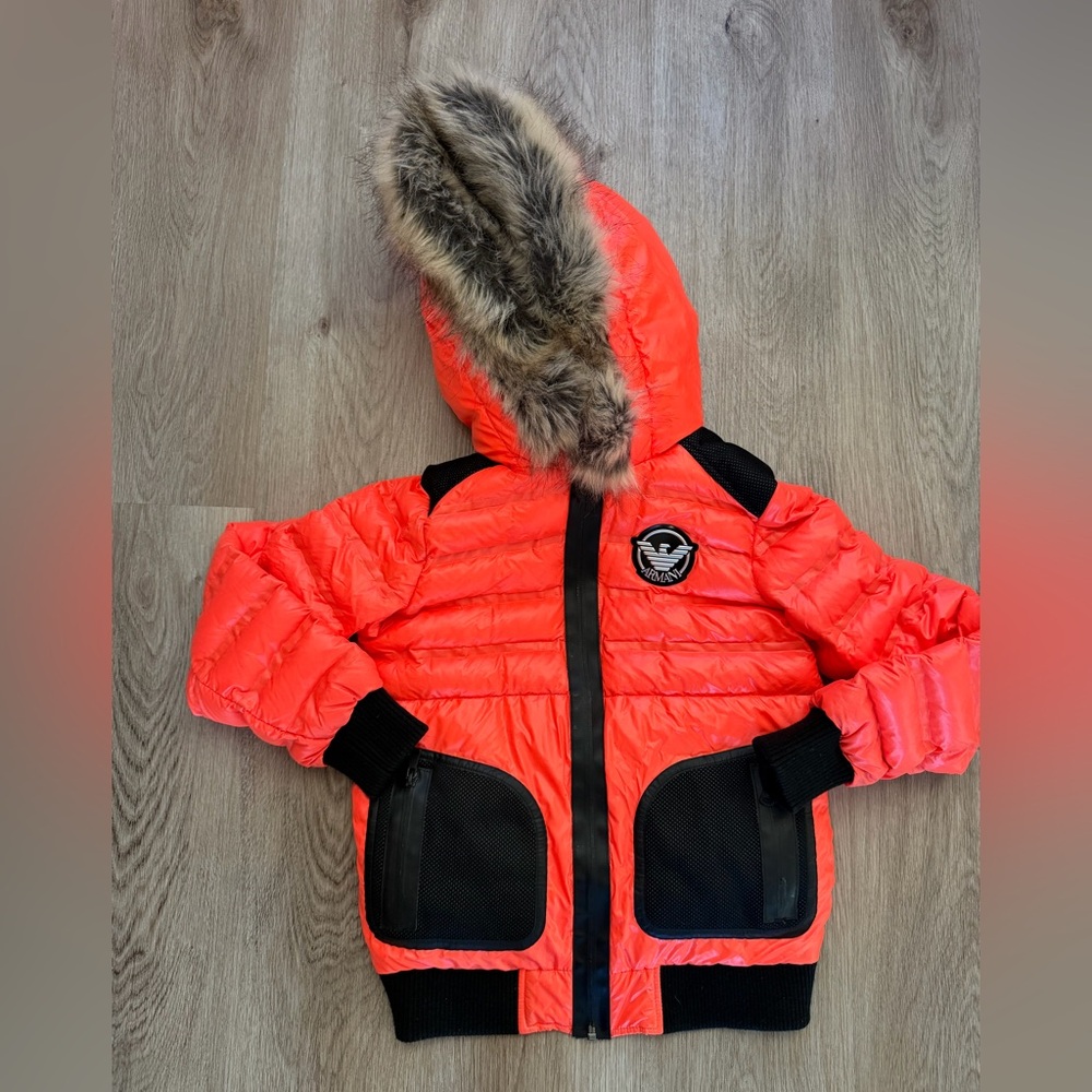 Armani Junior Boys Neon Orange Down Puffer Jacket Fur Hood Size 10A 142cm